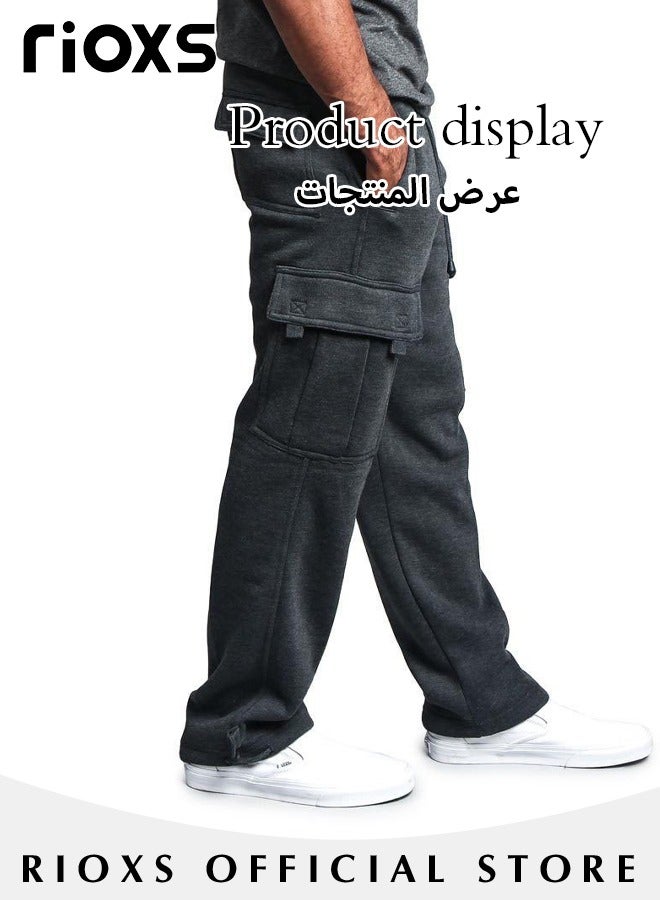 RIOXS Men's Baggy Cargo Sweatpants, Loose Fit Thick Cotton Joggers Pants with Multiple Pockets, Casual Straight Wide Leg Cargo Pants with Adjustable Ankle Drawstring, Comfortable Drawstring Waist Workout Trousers, Cargo Jogging Tracksuit Bottoms, Suitable for Outdoor Activities and Daily Leisure, Dark Gray - Image 4