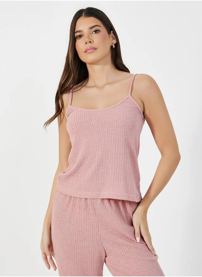 Styli Pack of 3 - Brushed Ribbed Strappy Cami Top, Pants & Robe