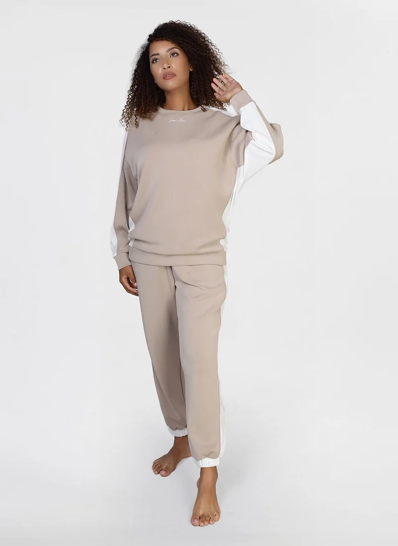 Jimmy Le Bond Modest 2 PC Lounge wear Set – Beige and White Sweatshirt with Matching Joggers