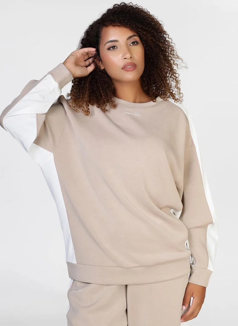 Jimmy Le Bond Modest 2 PC Lounge wear Set – Beige and White Sweatshirt with Matching Joggers