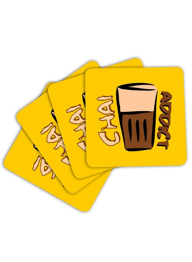 ASHVAH Chai Addict Print/Typography Tea/Coffee Mug/Designer Handmade Wooden Coaster Set for Home Kitchen, Office Desk - Set of 4 - Square: 10cm - Image 3