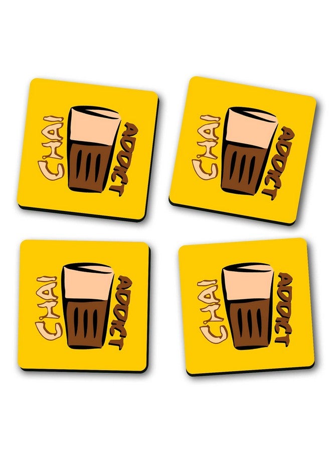 ASHVAH Chai Addict Print/Typography Tea/Coffee Mug/Designer Handmade Wooden Coaster Set for Home Kitchen, Office Desk - Set of 4 - Square: 10cm - Image 2