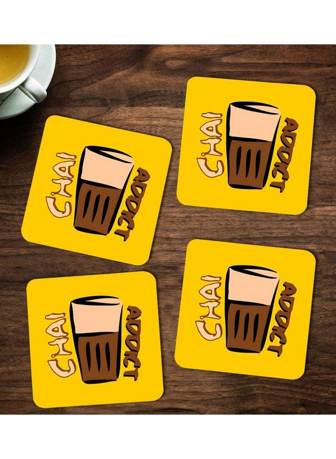 ASHVAH Chai Addict Print/Typography Tea/Coffee Mug/Designer Handmade Wooden Coaster Set for Home Kitchen, Office Desk - Set of 4 - Square: 10cm - Image 1