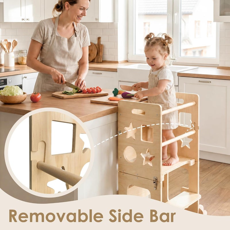 bpmfkid 4-in-1 Toddler Standing Tower, Foldable Kitchen Step Helper Stool for Kids, Montessori Learning Standing Tower with Blackboard, Anti-Slip Wooden Kitchen Step Stool for 1-3 Year Old Boy Girl Gift - Image 4