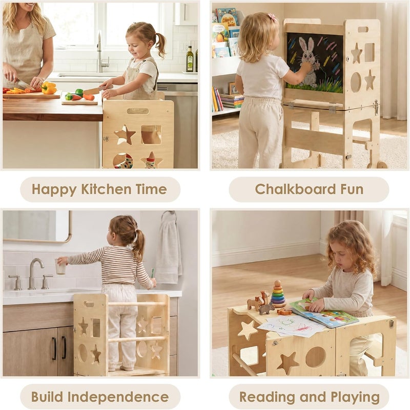 bpmfkid 4-in-1 Toddler Standing Tower, Foldable Kitchen Step Helper Stool for Kids, Montessori Learning Standing Tower with Blackboard, Anti-Slip Wooden Kitchen Step Stool for 1-3 Year Old Boy Girl Gift - Image 5