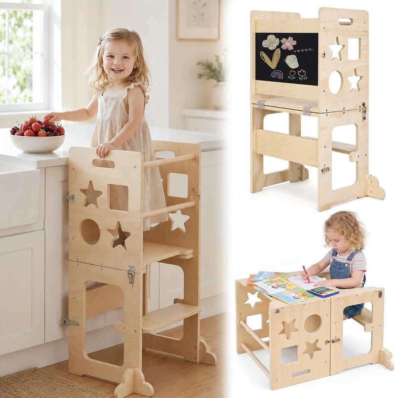 bpmfkid 4-in-1 Toddler Standing Tower, Foldable Kitchen Step Helper Stool for Kids, Montessori Learning Standing Tower with Blackboard, Anti-Slip Wooden Kitchen Step Stool for 1-3 Year Old Boy Girl Gift - Image 1