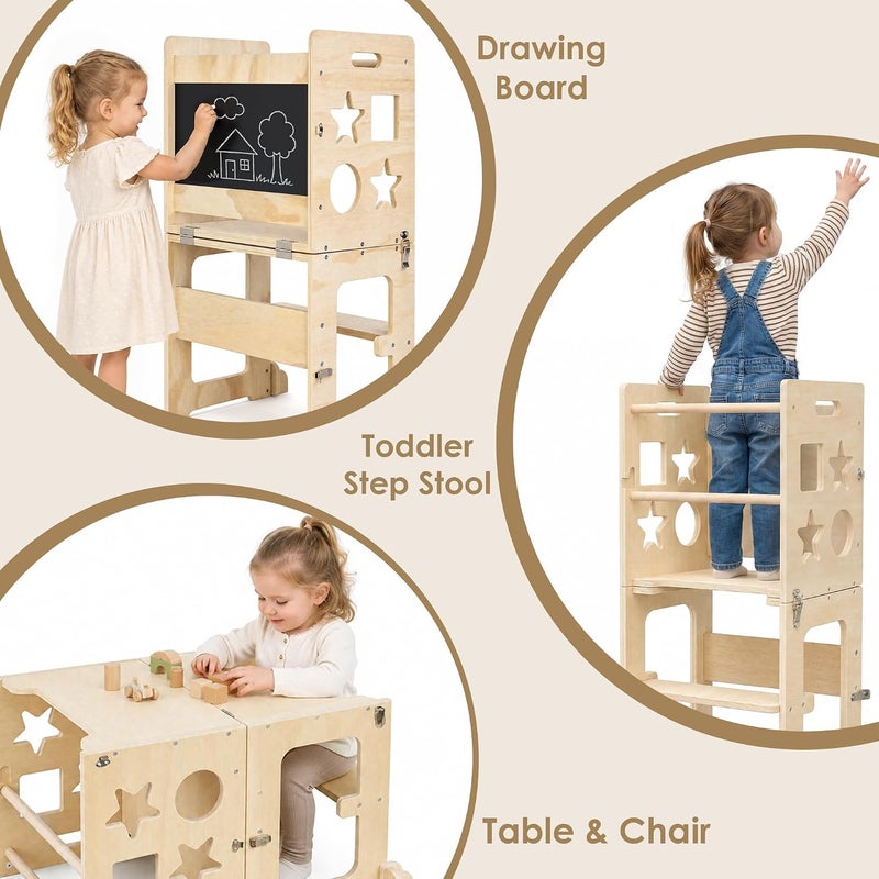 bpmfkid 4-in-1 Toddler Standing Tower, Foldable Kitchen Step Helper Stool for Kids, Montessori Learning Standing Tower with Blackboard, Anti-Slip Wooden Kitchen Step Stool for 1-3 Year Old Boy Girl Gift - Image 3
