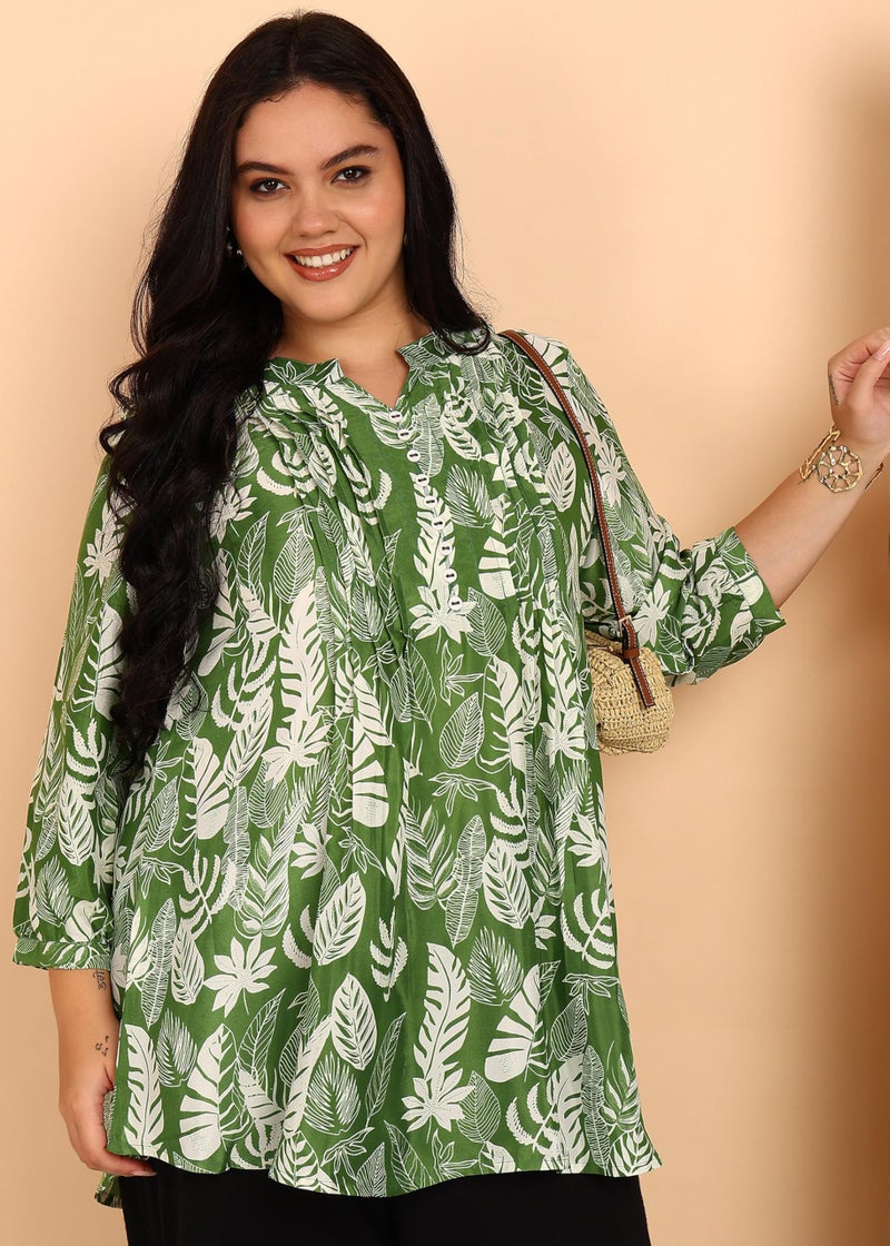 Yash Gallery Women's Green & White Leaf Printed Microfiber A-Line Tunic Top | Casual Ethnic Kurti, Office, and Travel | Comfortable Loose Fit Long Sleeve Top for All Seasons - Image 2