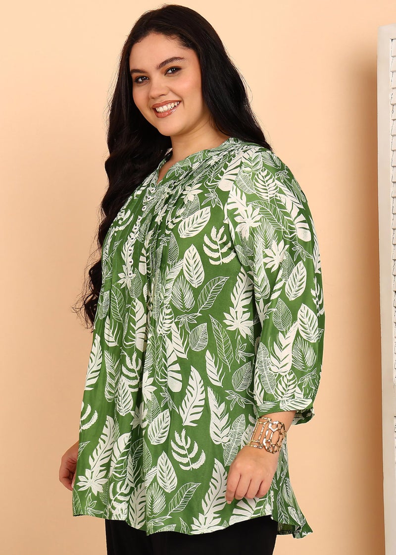 Yash Gallery Women's Green & White Leaf Printed Microfiber A-Line Tunic Top | Casual Ethnic Kurti, Office, and Travel | Comfortable Loose Fit Long Sleeve Top for All Seasons - Image 3