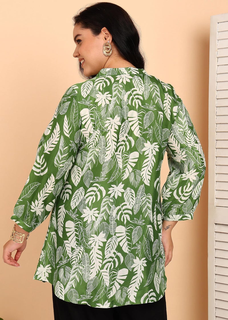 Yash Gallery Women's Green & White Leaf Printed Microfiber A-Line Tunic Top | Casual Ethnic Kurti, Office, and Travel | Comfortable Loose Fit Long Sleeve Top for All Seasons - Image 5