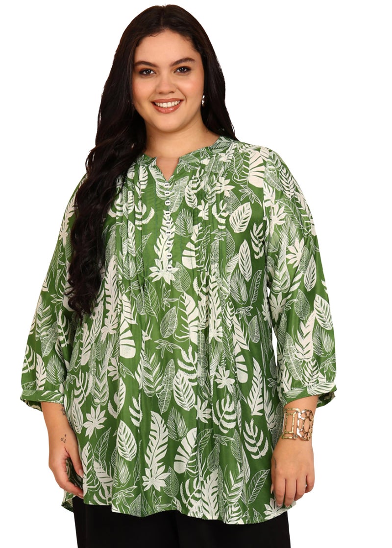 Yash Gallery Women's Green & White Leaf Printed Microfiber A-Line Tunic Top | Casual Ethnic Kurti, Office, and Travel | Comfortable Loose Fit Long Sleeve Top for All Seasons - Image 1