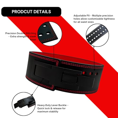 Aurion Red-Black 10mm Lever Weight Lifting Belt, Adjustable Lever Powerlifting Belt for Men & Women, Premium Leather Deadlift Gym Belt, 4-Inch Wide Heavy Duty Back Support for Strength Training (L) - Image 3
