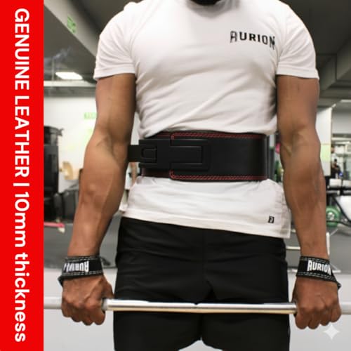 Aurion Red-Black 10mm Lever Weight Lifting Belt, Adjustable Lever Powerlifting Belt for Men & Women, Premium Leather Deadlift Gym Belt, 4-Inch Wide Heavy Duty Back Support for Strength Training (L) - Image 4