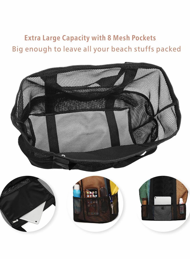 Y&D Beach Bag, Large Tote Bag for Women Travel, Mesh Toys, Towel, flip flops, Black - Image 4