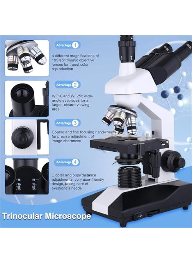 Arabest Compound Trinocular Microscope 40X-5000X Magnification, Research Grade Professional Microscope, Two Levels of Mechanical Stage LED Illumination, USB Video Camera with Microscope for Adults  - Image 4