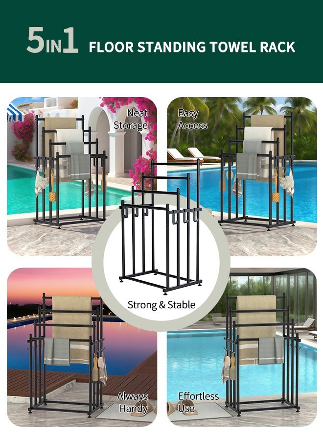 نايزان رفوف مناشف للحمام، رف مناشف قائم بذاته من 4 طبقات مع 6 خطافات مرفقة، رف لتجفيف البطانيات وعرض المناشف الكبيرة الحجم، إكسسوارات الحمام، بجانب حوض الاستحمام أو الدش، متين وسهل النقل - Image 5