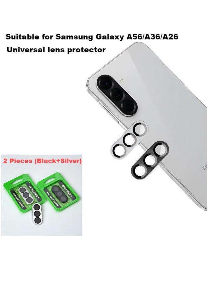2 Pieces Samsung Galaxy A56 Camera Lens Protector Individual Tempered Glass Camera Screen Protector Metal Ring Lens Cover for Galaxy A26/A36/A56 Accessories (Black+Silver) - Image 1