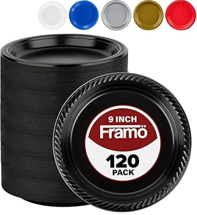 FRAMO Disposable Black Plastic Plates Pack of 1209Inch Round Plastic Plates Special Events Party Dinner Picnic or Travel  Bulk Pack Party Supplies