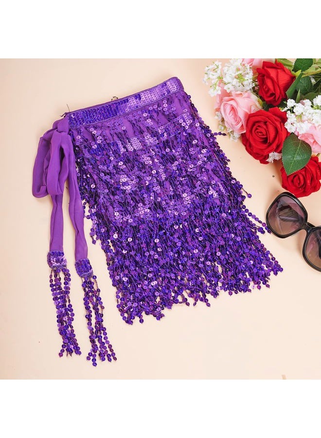 SUMERSHA Belly Dance Hip Scarf Sequin Tassel Skirt Wrap Sparkly Rave Costume for Women, Purple, 12 - Image 3