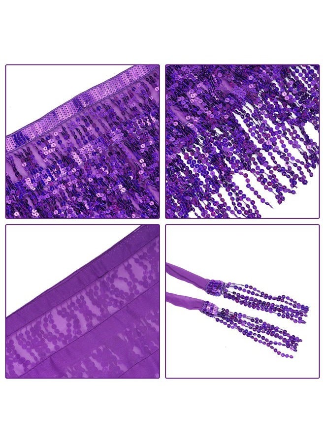 SUMERSHA Belly Dance Hip Scarf Sequin Tassel Skirt Wrap Sparkly Rave Costume for Women, Purple, 12 - Image 5
