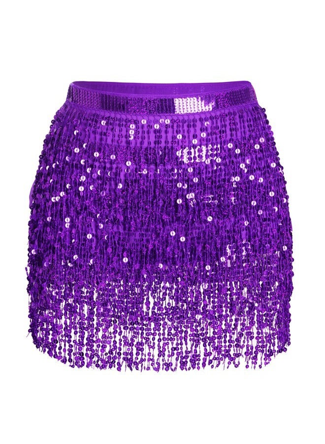 SUMERSHA Belly Dance Hip Scarf Sequin Tassel Skirt Wrap Sparkly Rave Costume for Women, Purple, 12 - Image 1