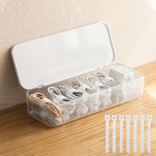 PAVSTINE Cable Organizer Storage Box with 7 Wire Ties,Desktop Cable Management Box with Lid,Power Cord Organizer with 7 Compartments for Office,Home,Desk Accessories Storage Stationery Supplies White - Image 1