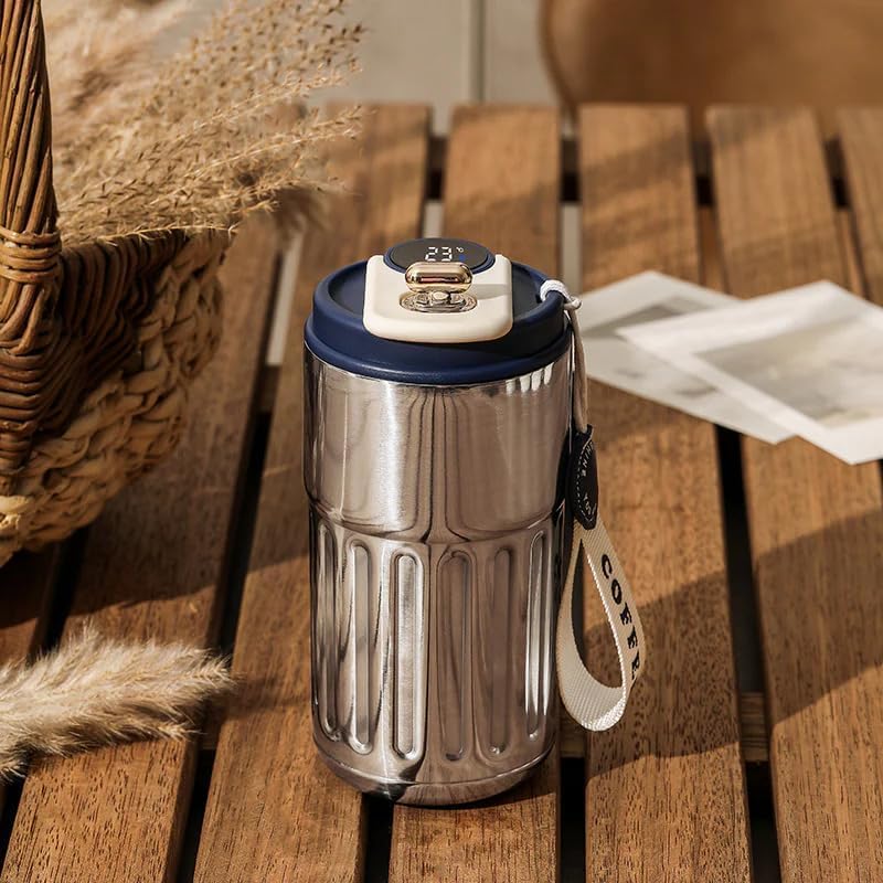 ACHAL ACHAL Vacuum Insulated Coffee Travel Mug with Touch Screen Digital Temperature Display Travel Flasks 460 Ml 316 Stainless Steel Reusable Leak Proof Thermal Mug Easy to Carry Silver Blue - Image 4