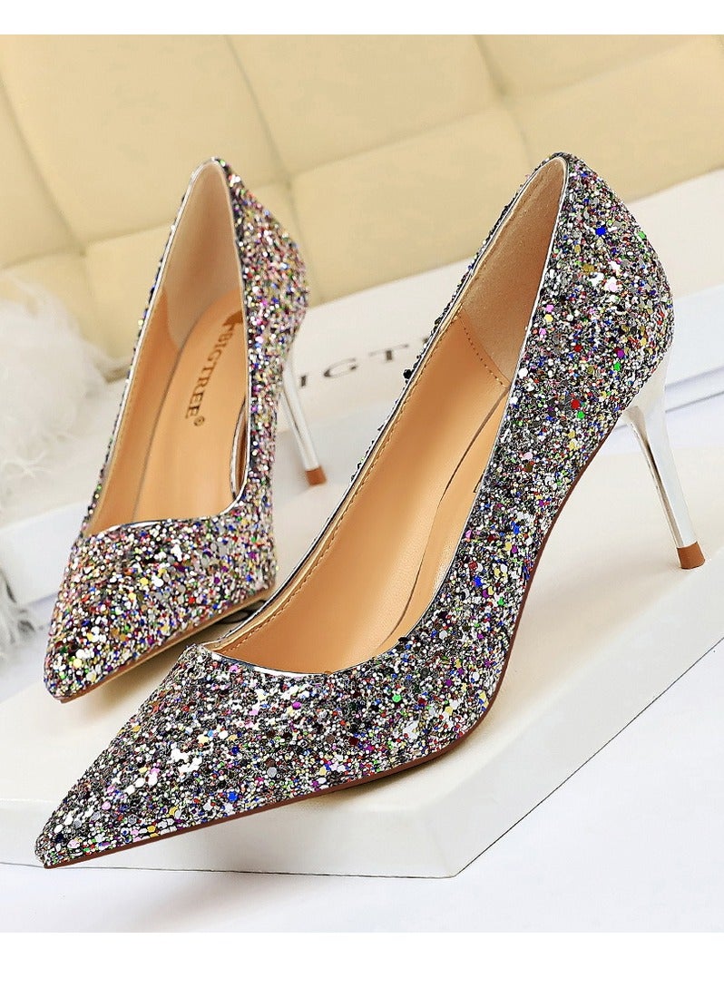 BIGTREE Women's Shiny Sequins Fashionable Stiletto Pumps 7 cm Elegant Gorgeous Closed Pointed Toe Slip On Solid High Heels Multicolour - Image 1
