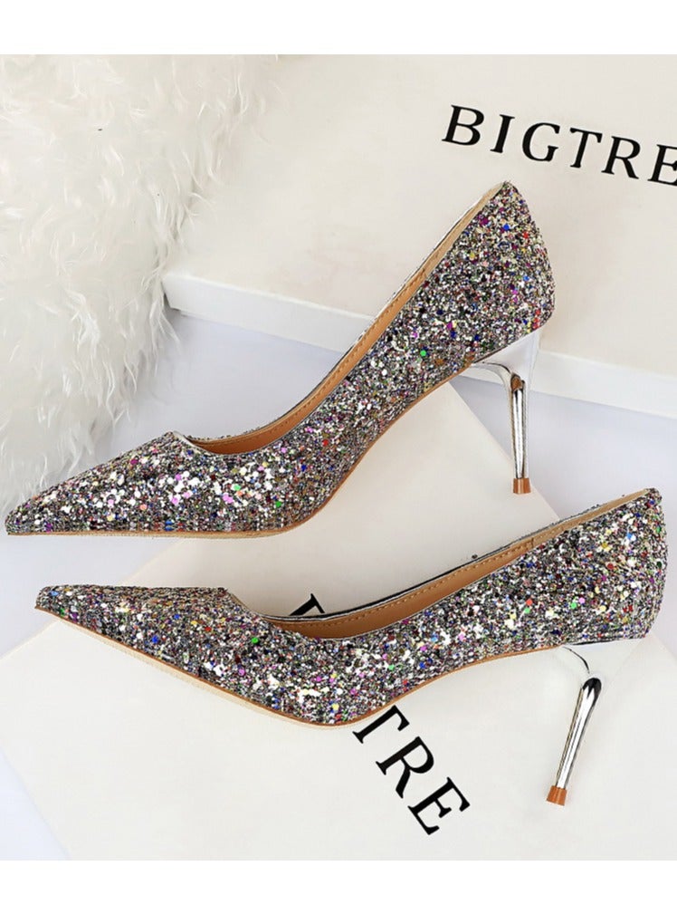 BIGTREE Women's Shiny Sequins Fashionable Stiletto Pumps 7 cm Elegant Gorgeous Closed Pointed Toe Slip On Solid High Heels Multicolour - Image 3