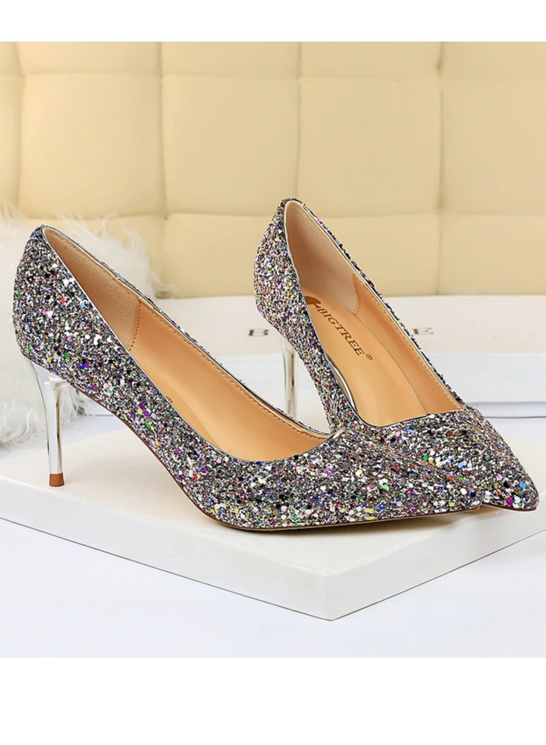 BIGTREE Women's Shiny Sequins Fashionable Stiletto Pumps 7 cm Elegant Gorgeous Closed Pointed Toe Slip On Solid High Heels Multicolour - Image 2