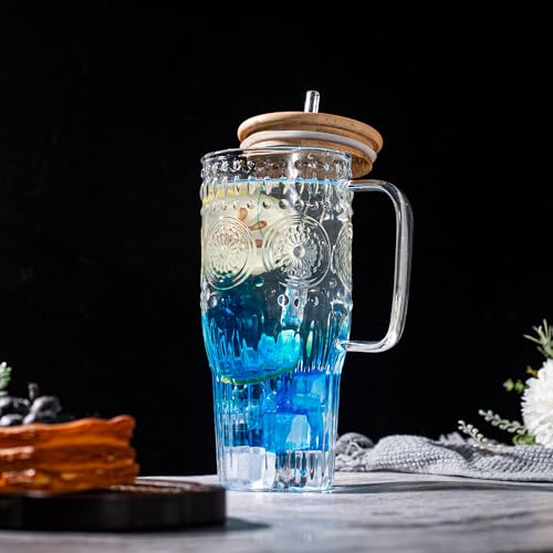 Bandesun 32oz Vintage Glass Cup with Handle with Bamboo Lids and Straws - Borosilicate Glass Tumbler for Hot and Cold drinks - Image 2