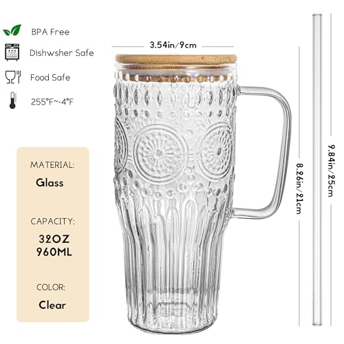 Bandesun 32oz Vintage Glass Cup with Handle with Bamboo Lids and Straws - Borosilicate Glass Tumbler for Hot and Cold drinks - Image 3