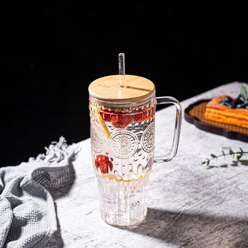 Bandesun 32oz Vintage Glass Cup with Handle with Bamboo Lids and Straws - Borosilicate Glass Tumbler for Hot and Cold drinks - Image 5