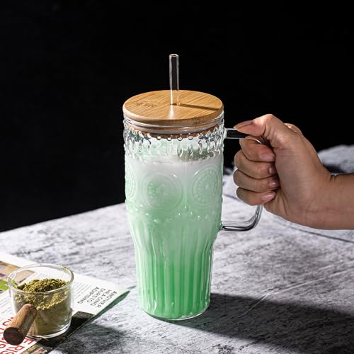 Bandesun 32oz Vintage Glass Cup with Handle with Bamboo Lids and Straws - Borosilicate Glass Tumbler for Hot and Cold drinks - Image 1