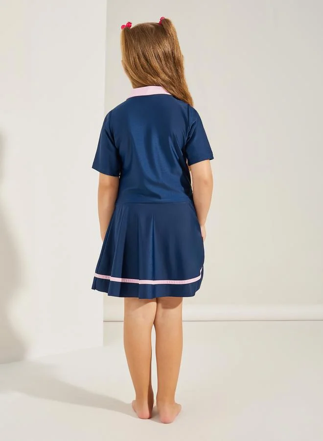 Styli Contrast Trim High Neck Skirted Swimsuit