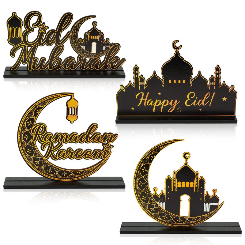 WATINC 4pcs Ramadan Kareem Wooden Table Topper Centerpiece Decorations Happy Eid Mubarak Party Wood Tiered Tray Signs Table Decor AlFitr Black Gold Detachable Tabletop Supplies for Home Kitchen