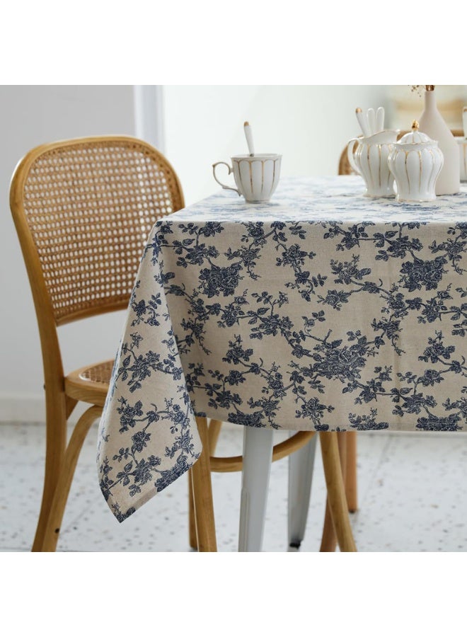 Rectangle Tablecloth, Polyester Linen-Look, Blue Floral Pattern, Beige, 215x152cm, Washable & Wrinkle Resistant - Image 2