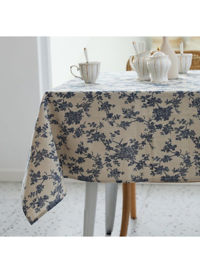 Rectangle Tablecloth, Polyester Linen-Look, Blue Floral Pattern, Beige, 215x152cm, Washable & Wrinkle Resistant - Image 1