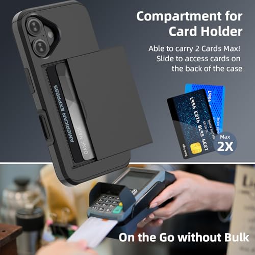Jiunai for iPhone 16 Wallet Case, Credit Card Holder for 2 Cards Slide Cover, Hidden Pocket for IDs License, Protective Dual Layer Slim Wallet Phone Case for iPhone 16 6.1 inch Men Women - Black - Image 3