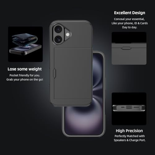 Jiunai for iPhone 16 Wallet Case, Credit Card Holder for 2 Cards Slide Cover, Hidden Pocket for IDs License, Protective Dual Layer Slim Wallet Phone Case for iPhone 16 6.1 inch Men Women - Black - Image 4