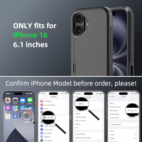 Jiunai for iPhone 16 Wallet Case, Credit Card Holder for 2 Cards Slide Cover, Hidden Pocket for IDs License, Protective Dual Layer Slim Wallet Phone Case for iPhone 16 6.1 inch Men Women - Black - Image 2