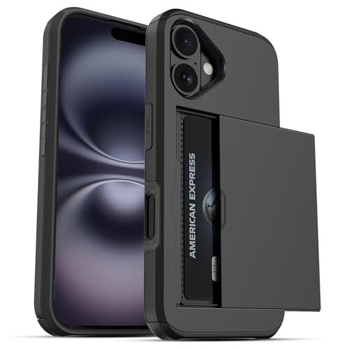 Jiunai for iPhone 16 Wallet Case, Credit Card Holder for 2 Cards Slide Cover, Hidden Pocket for IDs License, Protective Dual Layer Slim Wallet Phone Case for iPhone 16 6.1 inch Men Women - Black - Image 1