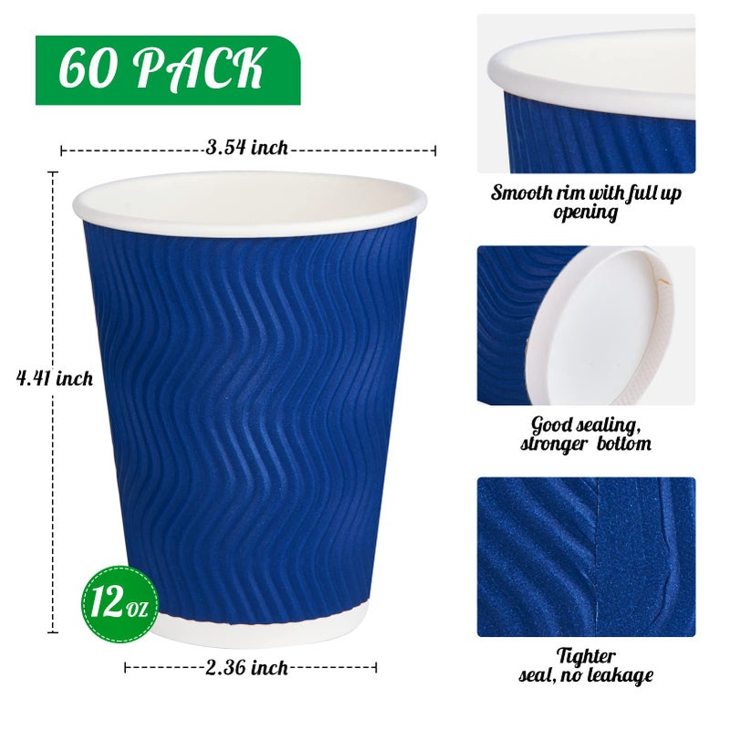 JollyPack 60 Pack 12 oz Paper Coffee Cups  Blue Disposable Beverage Cups with Insulated Ripple Wall for Coffee  Tea  and Hot Chocolate - Image 2