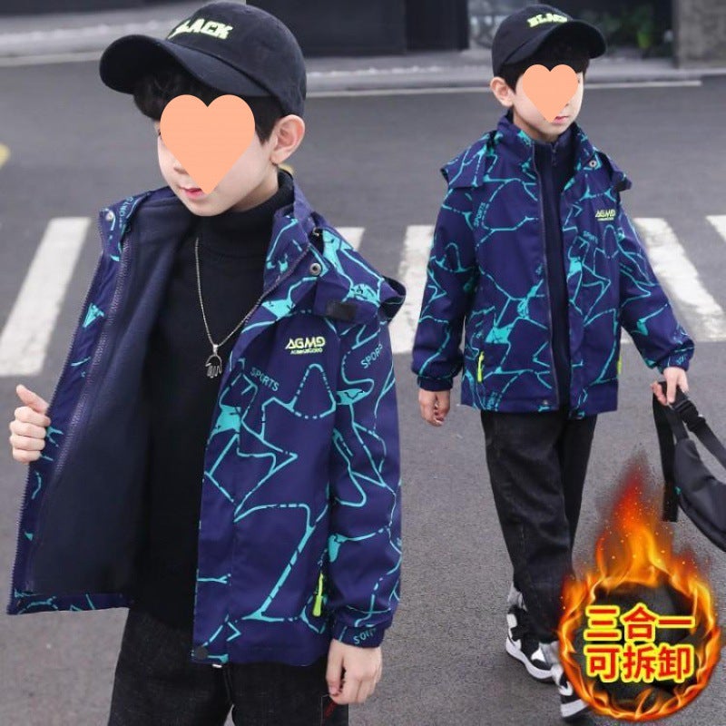 Boys' Charge Coat Three-In-One Plus Velvet Children'S Detachable Windproof Coat Foreign Style Windbreaker - Image 2