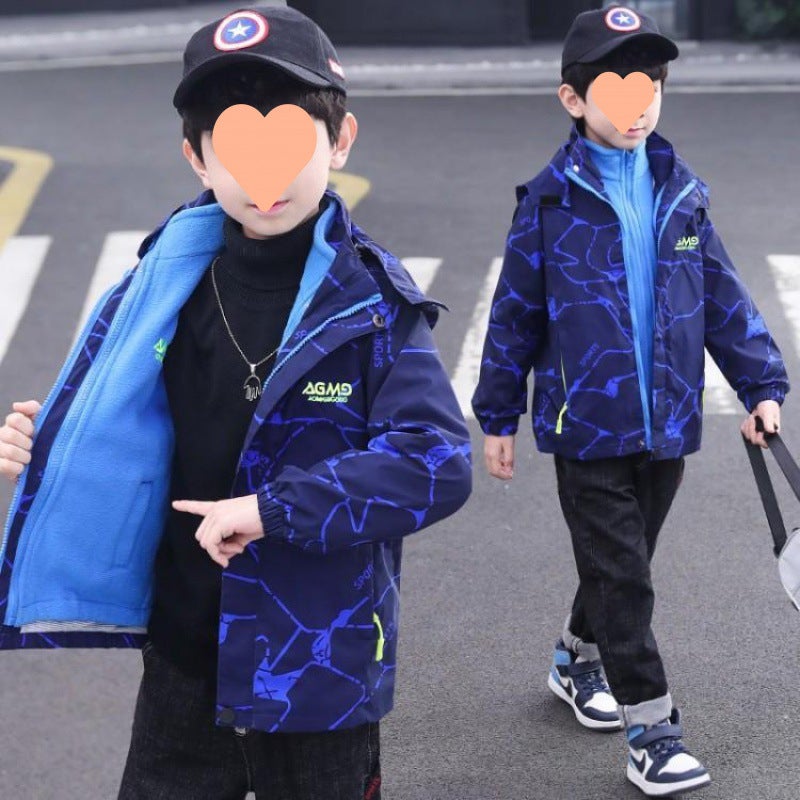 Boys' Charge Coat Three-In-One Plus Velvet Children'S Detachable Windproof Coat Foreign Style Windbreaker - Image 3