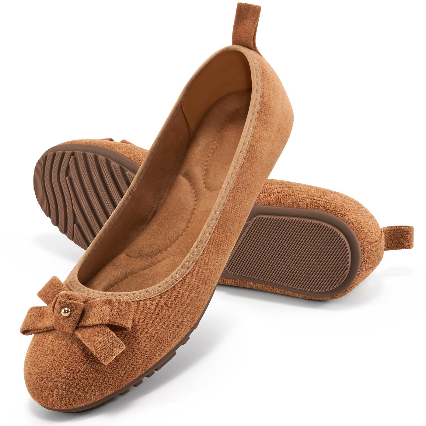 Ecetana Womens Ballet Flats Shoes 2025 Dressy Round Toe Foldable Flats Bow Comfortable Faux Suede Slip on Loafers Brown