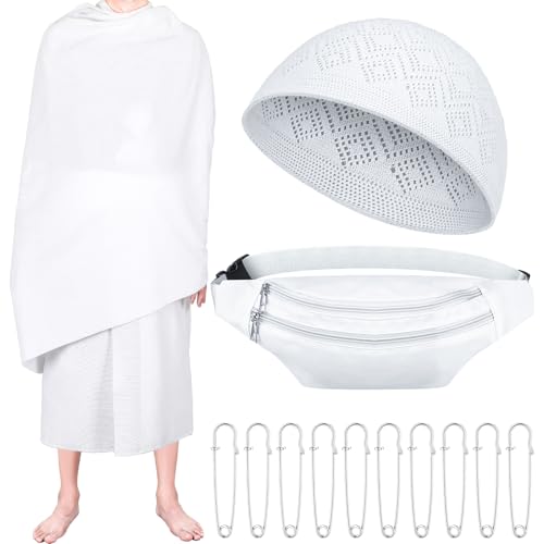 Suhine مجموعة سُحَيْنَ 14 قطعة من الإحرام للرجال لأساسيات الحج والعمرة، عباة إحرام، منشفة عمرة، حزام خصر، قبعة كوفي و10 دبابيس، مقاس مجاني - Image 1