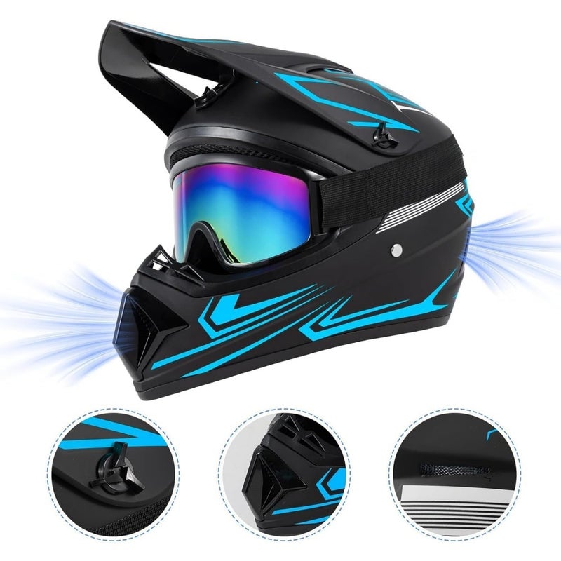 Off-road dirt bike helmet for adult and kids, full-face MTB/motorcross/ATV racing helmet in matte black, lightweight polycarbonate shell with ventilation and anti-fog goggles mask - Image 2