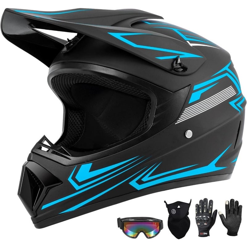 Off-road dirt bike helmet for adult and kids, full-face MTB/motorcross/ATV racing helmet in matte black, lightweight polycarbonate shell with ventilation and anti-fog goggles mask - Image 1