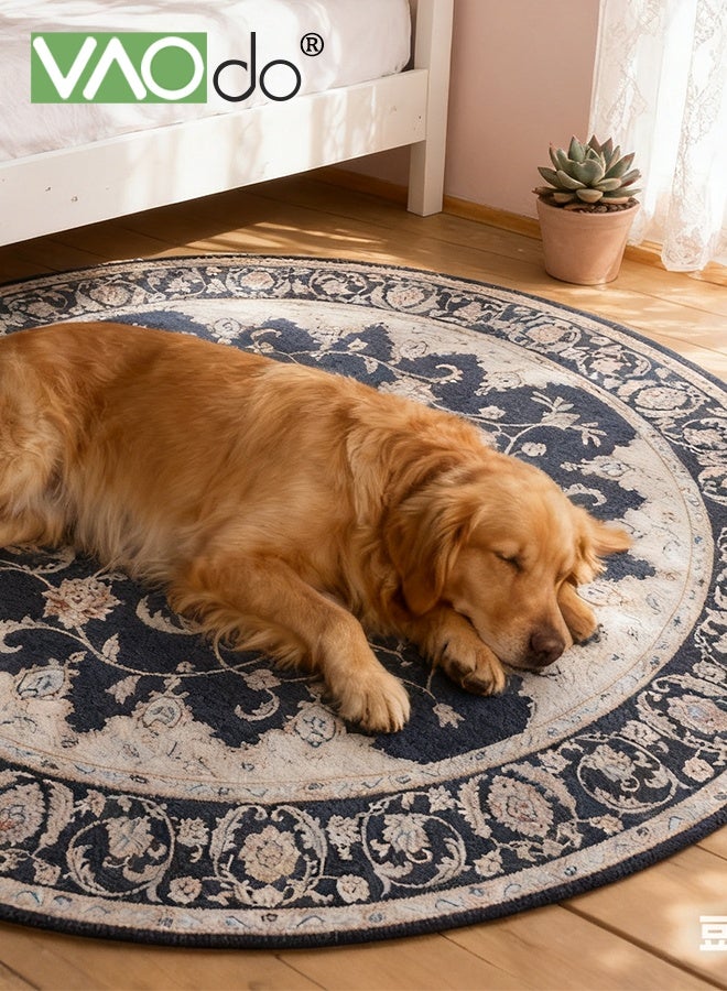 فاو دو سجادة دائرية بزخارف نباتية جميلة، سجادة دائرية منخفضة الوبر ومقاومة للانزلاق، سجادة دائرية بزخارف نباتية عتيقة لغرفة النوم وغرفة المعيشة وغرفة الدراسة 140*140 سم - Image 4